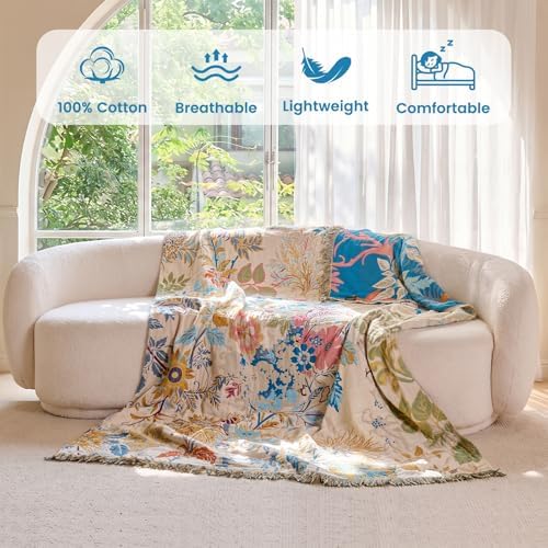 MSGKV Boho Throw Blanket 50"x60" 100% Cotton Throw for Couch Sofa Bed