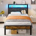 Liians Twin Size Bed Frame with LED Lights, Grey Upholstered Headboard