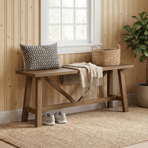 Wnutrees 43" Farmhouse Solid Wood Bench, Narrow Long Seat, Natural