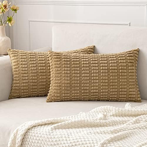 MIULEE Lumbar Corduroy Decorative Throw Pillow Covers 12x20 Khaki Pack of 2