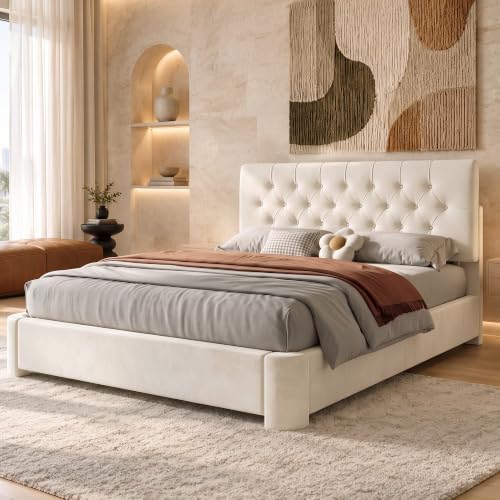 Queen Size Bed Frame with Headboard, Luxury Velvet Fabric Upholstered Bed frame with Button Tufted Design, Strong Wooden Slats Support - Low & Sturdy, Noise-Free, No Box Spring, Easy Assembly, Cream