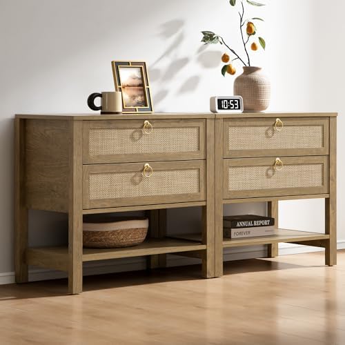 SICOTAS Rattan Nightstand Set of 2, Wide Boho Bedside Table with 2 Drawers