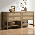 SICOTAS Rattan Nightstand Set of 2, Wide Boho Bedside Table with 2 Drawers