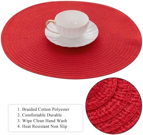 SHACOS 15" Red Round Braided Placemats Set of 6 Washable Fabric Place Mats