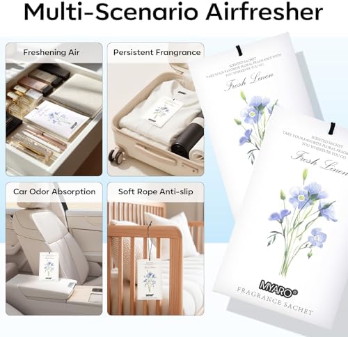 MYARO 12 Pack Fresh Linen Scented Sachets, Closet Deodorizer Car Freshener