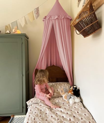 Kids Bed Canopy with Frills Cotton Cover Net for Crib Reading Nook Curtain Hideaway Hanging Round Tent Nursery Bedding Play Room Decor
