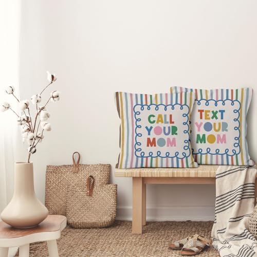 Funny Call Your Mom Throw Pillow Cover 18x18 Set of 2, College Student Gifts Decorative Pillow Covers for College Dorm Room Bedroom Couch Sofa, Colorful Striped Accent Pillows Cover Pillowcases