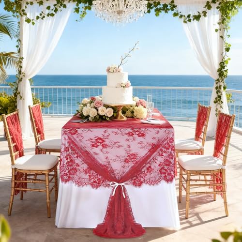 Red Lace Tablecloth Rustic Table Fabric 60x120 Inch for Wedding Christmas