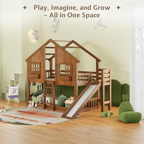 Jocisland Twin Over Twin Bunk Bed with Slide and Ladder, Solid Wood, Oak
