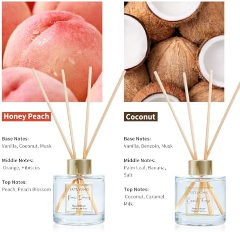200ml Scent Diffuser with 6 Fiber Sticks, 6.76 oz Reed Diffuser Set Aromatherapy Fragrance Diffusers Air Fresheners for Home Bedroom Bathroom (Coconut Peach)