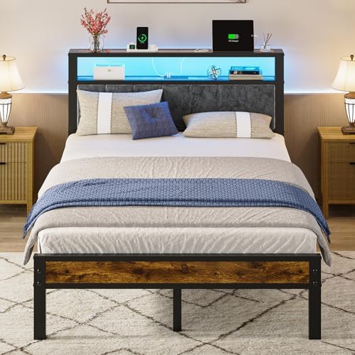 Liians Full Size Bed Frame with LED Lights, Charging Station