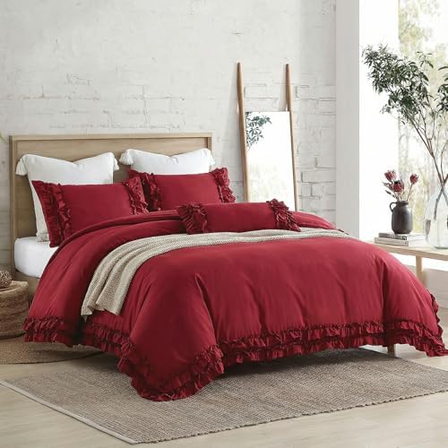 Burgundy Duvet Cover Queen Size Ruffled Bedding Set Vintage Lace Ruffle Elegant Bedroom Decor Shabby Chic Farmhouse Style Boho Chic Duvet Cover Set for All Season