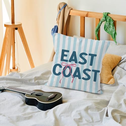 Blue East Coast Beach Throw Pillow Cover 18x18, Pink Bow Preppy Beach Decorative Pillow Covers for Girls Room Dorm Apartment, Coastal Beachy Striped Accent Pillows Cover Pillowcases
