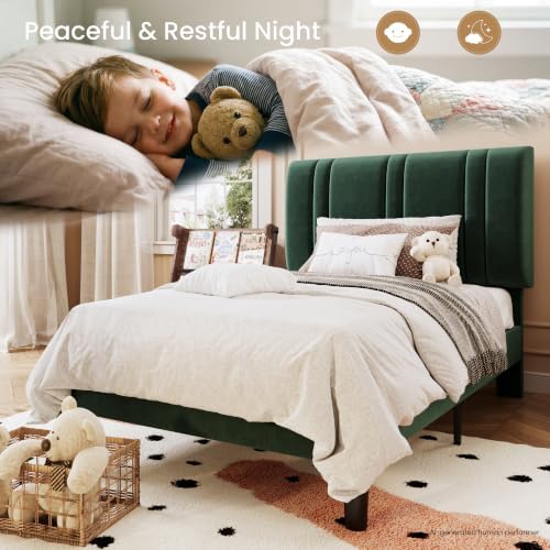 SHA CERLIN Twin Size Velvet Bed Frame with Adjustable Headboard, Green