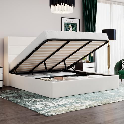 SHA CERLIN King Size Lift Up Hydraulic Storage Bed Frame White