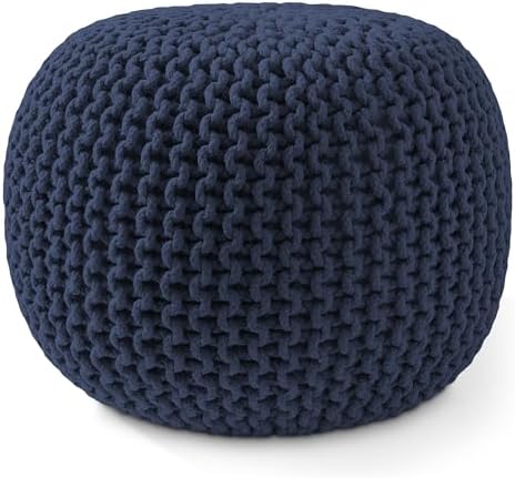 Casafield Round Pouf Ottoman, Navy Blue - 20" Diameter x 14.5" High Cotton Knit Foot Stool - Boho Floor Pouffe for Living Room, Bedroom, Home Office