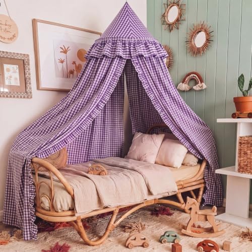SmoothNovelty Gingham Plaid Bed Canopy, Purple White, Round
