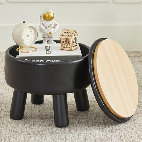 Small Foot Stool Ottoman with Storage, Faux Leather Ottoman Foot Rest for Couch, Round Footstool Ottomans for Living Room (Black)