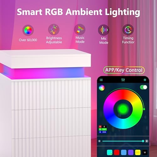 Fluted Nightstand with Charging Station & RGB LED Lights, White