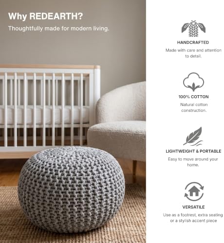· REDEARTH · Round Pouf Ottoman - Hand Knitted Boho Poof Footrest - Gray