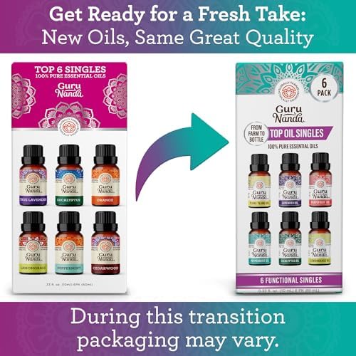 GuruNanda Essential Oils Set – 6 Pack (10mL Each), Lavender, Peppermint, Eucalyptus, Lemongrass, Grapefruit & Ylang Ylang, 100% Natural Aromatherapy Oils for Diffuser, Massage & DIY Candle Making