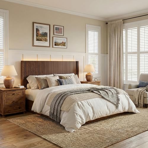 Queen Size Headboard Only, Modern Fluted Wall-Mounted Head Board with Lighting, Boho Wood Bed headboard Stylish Bedroom Decor, Espresso