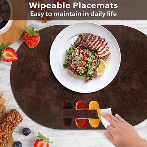 ADRIMER Oval Placemats Set of 6, Wipeable Faux Leather, Coffee