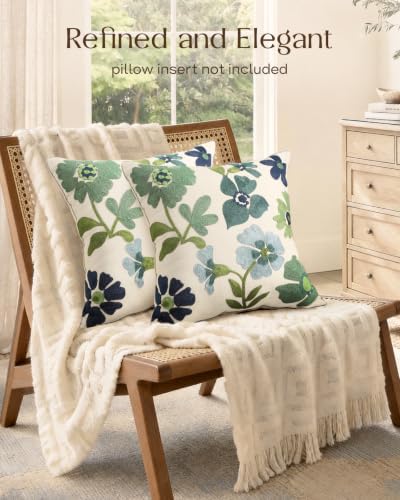 Embroidered Throw Pillow Covers 18x18 Inch, Set of 2, Teal Flower