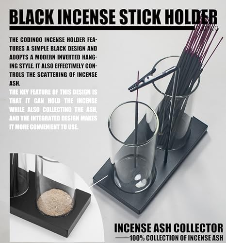 2 in 1 Incense Holder for Sticks Incense Burner Holder with Storage,Glass Upside Down Incense Holder for Sticks with Glass Ash Catcher for Meditation Yoga Spa Room Home Decor[2 Long Black]