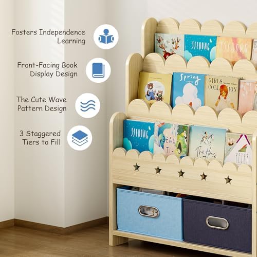 EXPERLAM 2-in-1 Kids Bookshelf with Toy Storage Drawers, Scalloped Montessori Bookcase Front Facing for Toddlers, Solid Wood Book Display & Organizer for Nursery, Playroom, Bedroom & Classroom