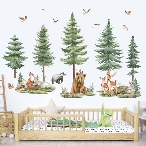 wondever Mountain Tree Wall Decals Forest Animals Bear Deer Wall Stickers