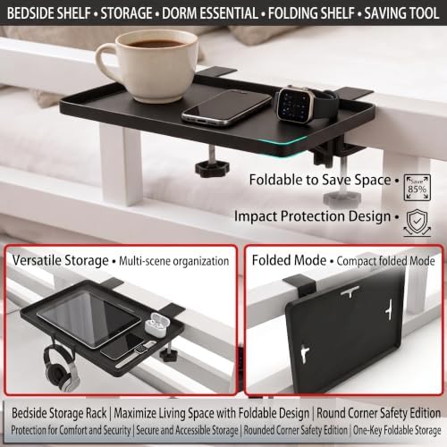 Foldable Bedside Shelf, Clamp-On Floating Tray for Bunk & Standard Beds