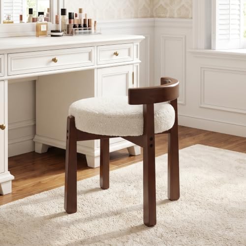 Ya-Home Modern Vanity Chair Upholstered Small Ottoman Footstool, Make Up Stool Sherpa Fabric with Backrest Wooden Frame for Living Room Bedrooms, 2PCS, White