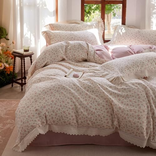 LifeTB Botanical Floral Duvet Cover Twin XL, Soft Cotton Muslin Duvet Cover with Ruffle Lace, Breathable Linen Like Gauze Comforter Cover, Pink Flower Cute Rabbilt Botanical Bedding Set Twin XL