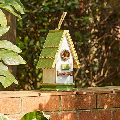 Glitzhome Bird Houses for Outside, Bluebird Houses for Outdoors, 10.75" H Green Roof Garden Wooden Birdhouse Hand Painted Hanging Distressed Bird House for Finch Cardinals Swallow Wren Chickadee