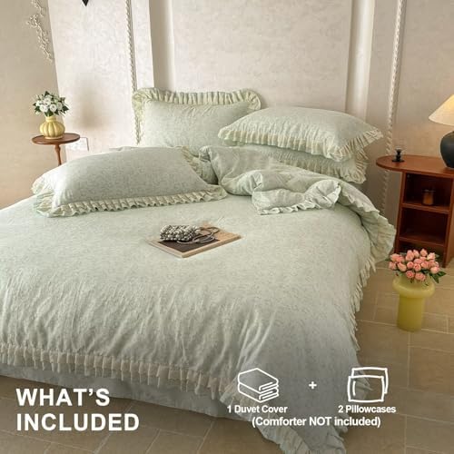 100% Cotton Muslin Duvet Covers Queen Size Ruffle Fringe Skin Friendly Princess Bedding Set with Zipper,3Pcs Romantic Aesthetic Comforter Covers 90"X90",1 Duvet Cover and 2 Pillowcases