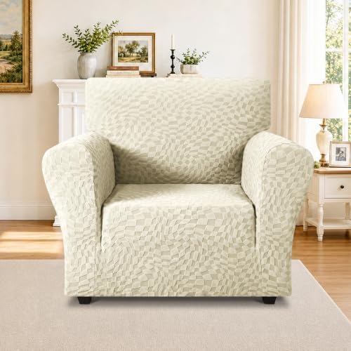 ZNSAYOTX 1 Piece Stretch Chair Cover with Arms (34"-44"), New Plaid Armchair Cover with Elastic Band for Living Room, Ultimate Soft Cozy Washable Chair Slipcover Form Fit Protector, Beige