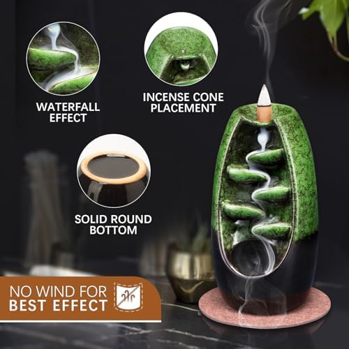 SPACEKEEPER Ceramic Backflow Incense Holder Waterfall Incense Burner, Green