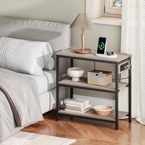 HOOBRO End Table with Charging Station, Side Table with 3 Tier Storage Shelf, Narrow Nightstand for Small Spaces, for Living Room, Bedroom, Easy Assembly, Greige and Black BG149UBZ01