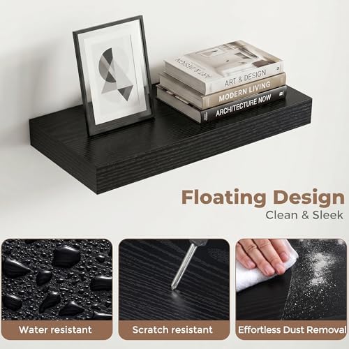 16 Inch Floating Shelves for Wall, 8"D Wood Storage Shelves, Black Finish