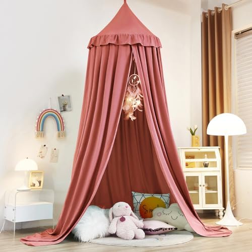 Kertnic Decor Princess Canopy for Girls Bed, Soft Smooth Playing Tent Canopy Room Decoration Castle, Dreamy Mosquito Net Bedding, Reading Nook Canopies in Home (Red Bean Color)