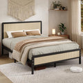 IMMERSTABLE Rattan Queen Bed Frame with Headboard, Boho Queen Metal Platform Bed Frame with Steel Slats, Under Bed Storage, Rounded Corners, No Box Spring Needed, Quiet Design, Easy Assembly, Black