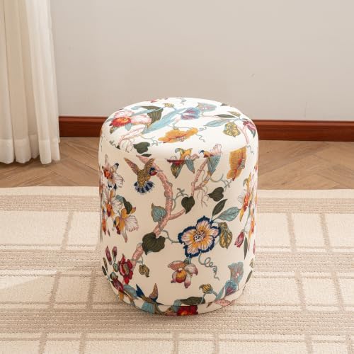15.7" Swivel Vanity Stool, Floral Velvet Round Ottoman, Beige