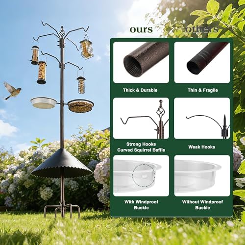 Bird Feeder Station Kit - Wild Bird Feeder Pole with Multi Feeder, Suet Cage, Planter Hanger with Squirrel Guard Baffle for Attracting Birds