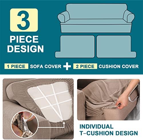 Turquoize 3 Piece T Cushion Sofa Slipcovers Stretch Couch Cover Furniture Covers with 2 Individual T Cushion Covers, Machine Washable (2 Cushion Sofa, Sand)