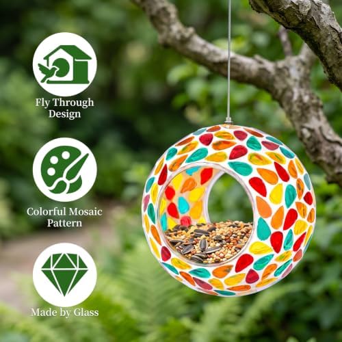 Rancco Colorful Mosaic Glass Bird Feeder for Outdoors, Wild Bird Feeder