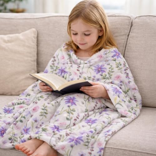 Soft Fleece Throw Blanket, Elegant Floral Wild Flowers Pink Purple, 50x70