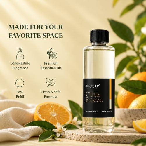 Airkeep Citrus Breeze Reed Diffuser Refill – 6.76 fl oz Premium Scented Oil for Home Aromatherapy – Long-Lasting Fragrance for Reed Diffusers – Perfect for Bathroom, Bedroom & Home Decor