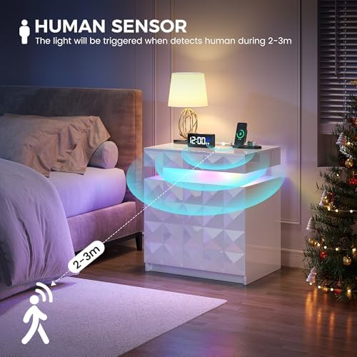 Dystler LED Night Stand Set 2 with Charging Station, Lockable Hidden Drawer
