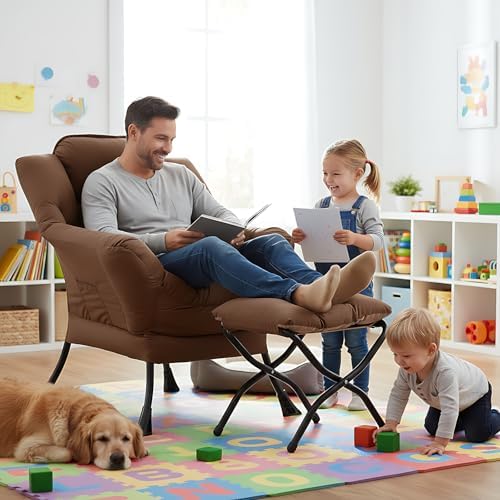 Welnow Lazy Chair with Ottoman, Reading Chair with Footrest,Dark Brown